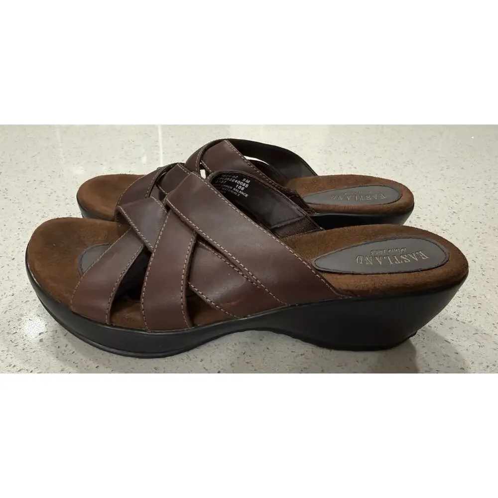Eastland Poppy Slide Sandals Women's Size 9M Brown Leather Upper Wedge Strappy - Picture 2 of 12